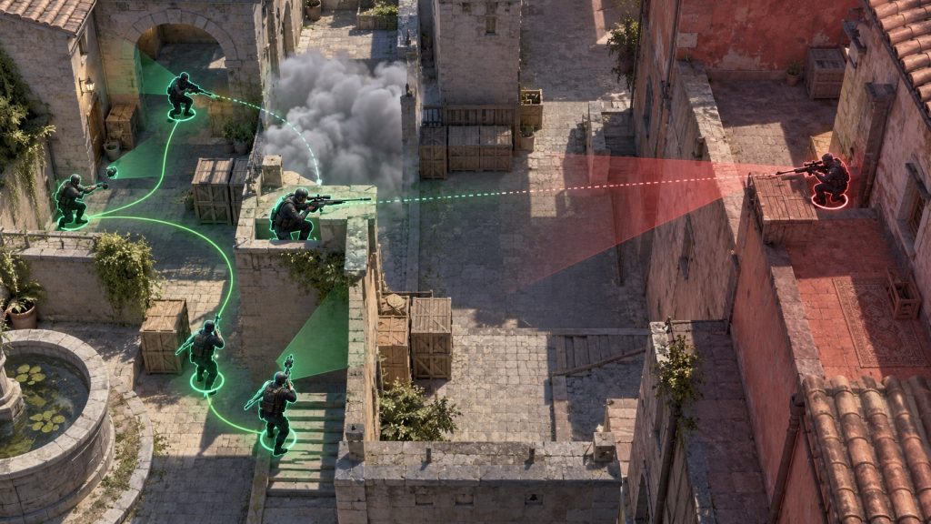 Une vue tactique oppose un repeek AWP soutenu à un duel risqué isolé