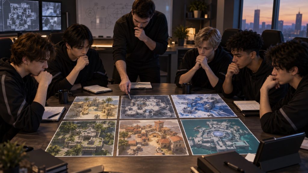 Sechs verschiedene taktische Map-Karten umgeben einen Team-Briefing-Tisch