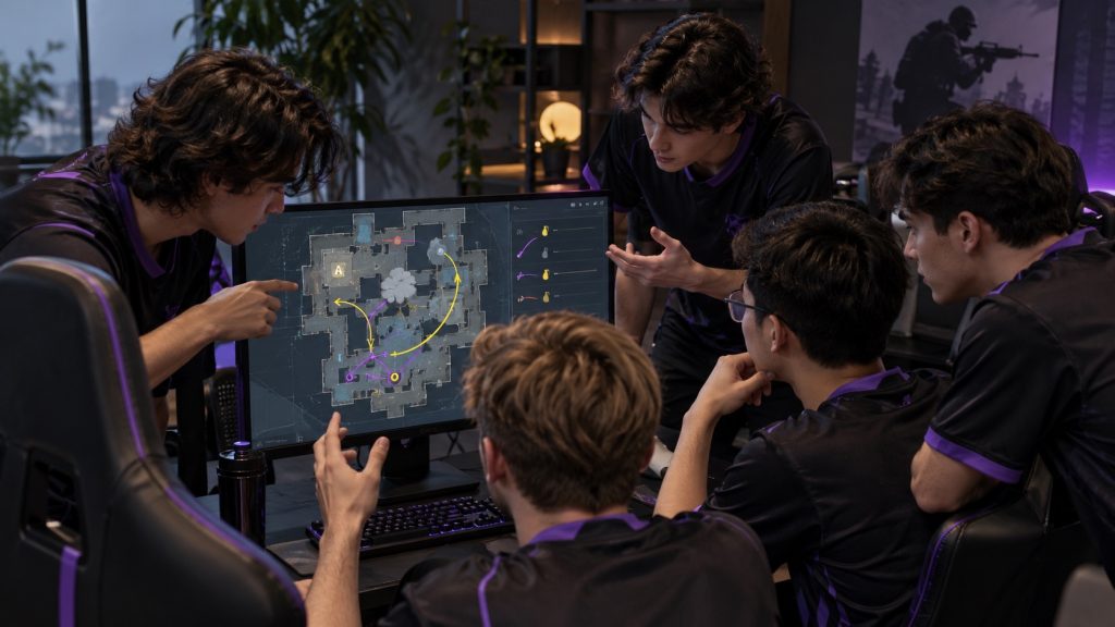 Fünf Spieler kommunizieren eng in einem koordinierten taktischen Aufbau