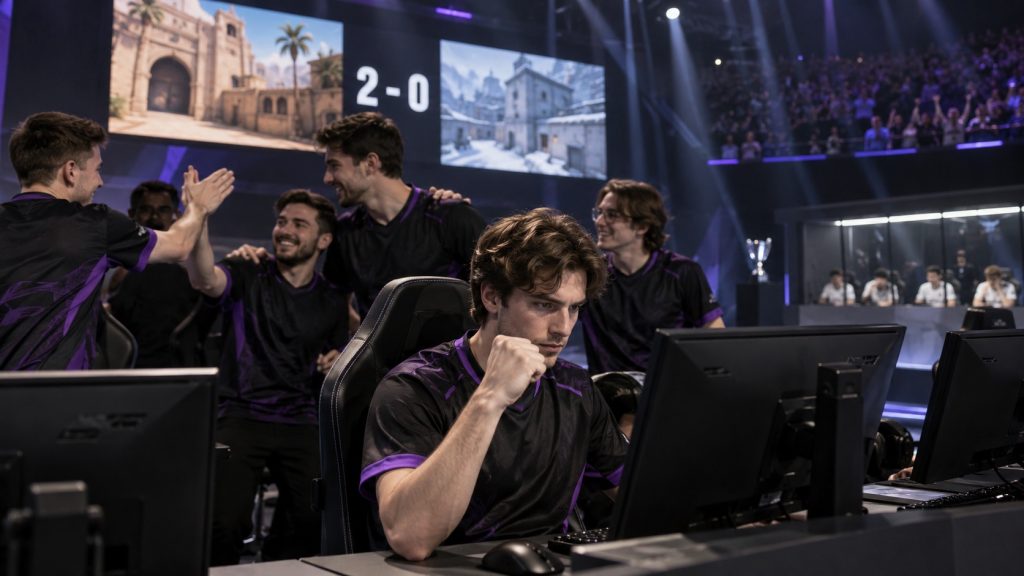 Ein Team in Lila feiert einen entscheidenden Zwei-Map-Sieg