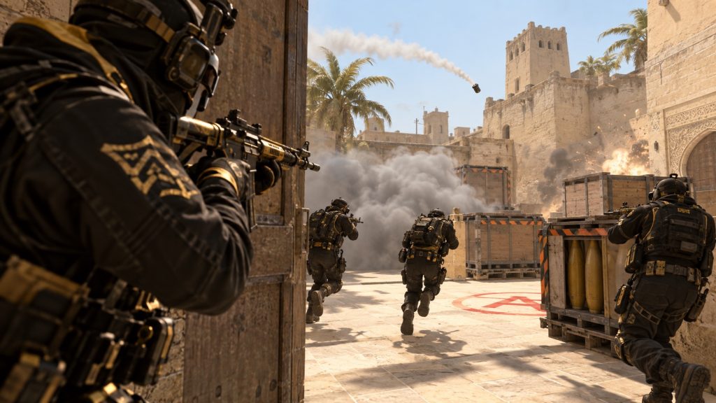 A coordinated Counter-Strike attack breaks through a sunlit desert bombsite