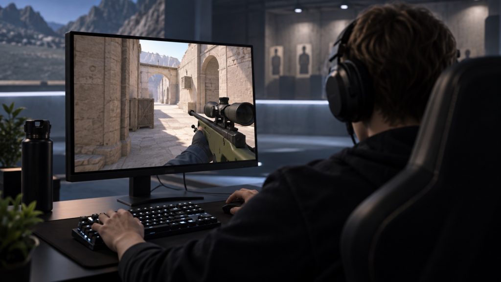 Un sniper concentrado practica con un nuevo equipo en una oscura arena de entrenamiento