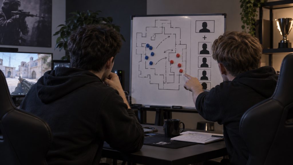 Two players review roles and tactics at a small team practice station