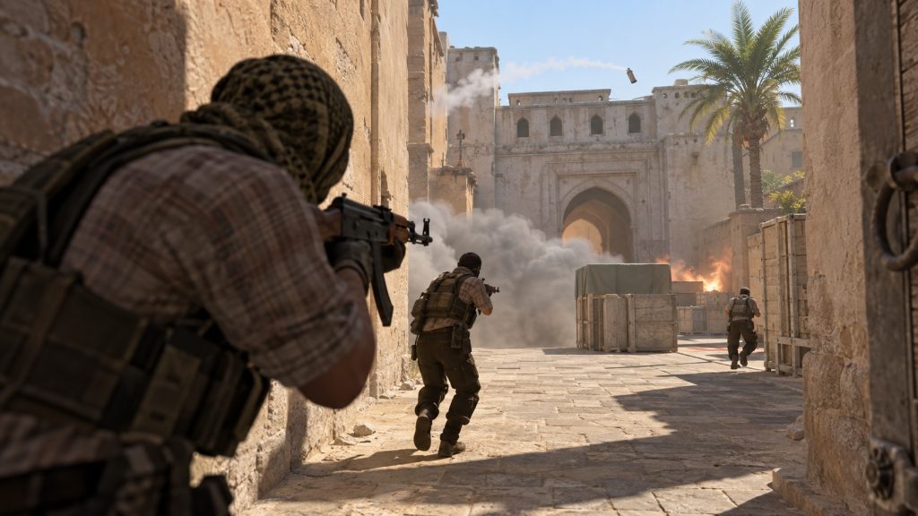 Illustrative desert-map tactical shooter scene, not actual match footage