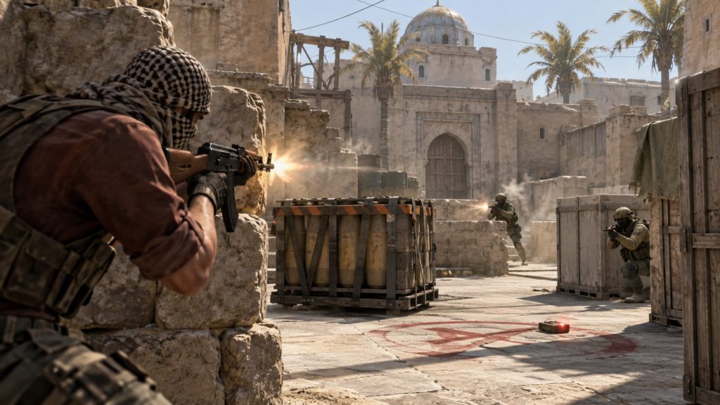 Scène FPS illustrant un style Dust2 avec un attaquant face à deux défenseurs près d'un site de bombe
