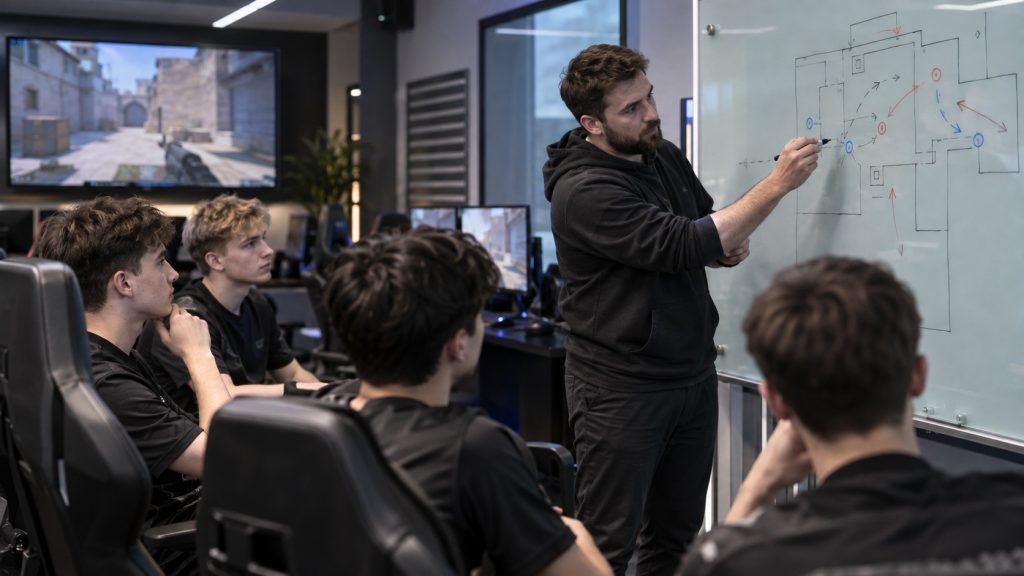 Illustrative scene of an anonymous coach explaining tactics to academy players