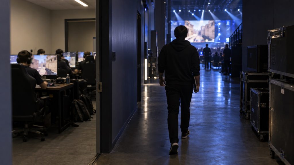 Illustrative corridor connecting an esports practice room and tournament stage; not an actual venue or coach