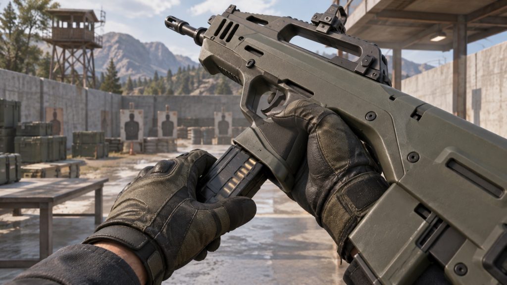 Illustrative close-up of gloved hands reloading a bullpup rifle at a training range
