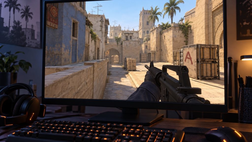 Illustrative Mirage-style Counter-Strike map; not actual match footage.