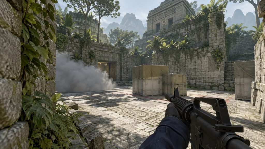 Illustrative Ancient-style tactical shooter map; not actual match footage.