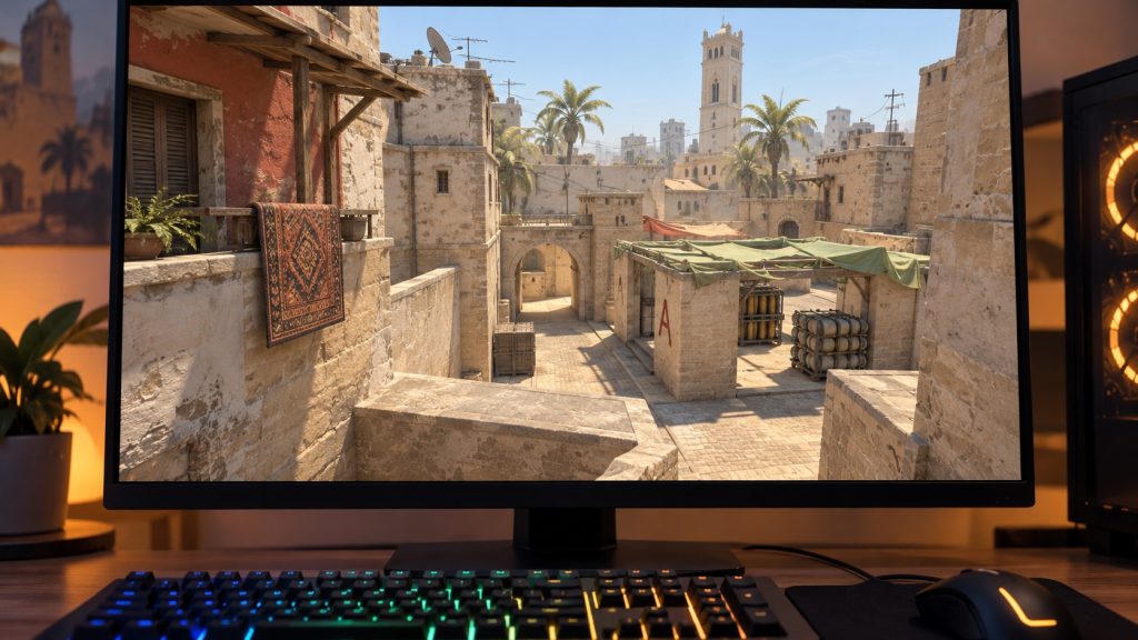 Illustrative Mirage-style Counter-Strike map; not actual match footage.