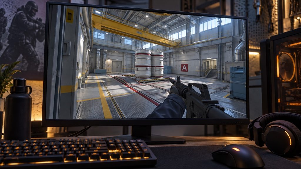 Illustrative Nuke-style tactical shooter map; not actual match footage.