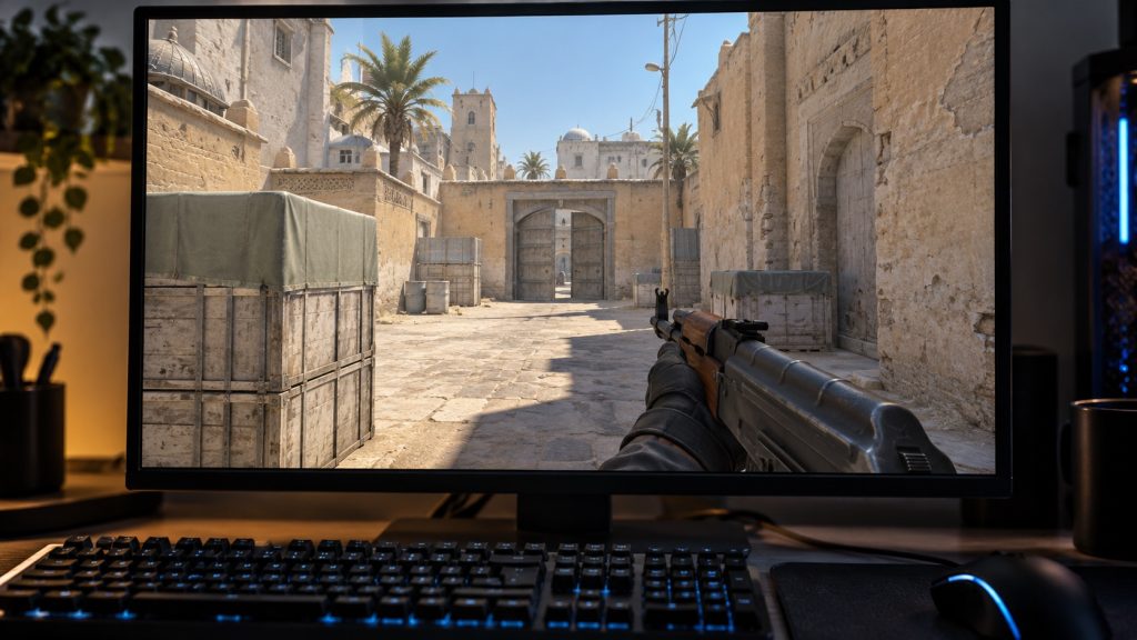 Illustrative Dust2 tactical shooter map; not actual match footage.